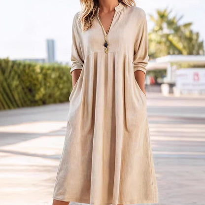 Women's Casual V-Neck Midi Dress with Pockets