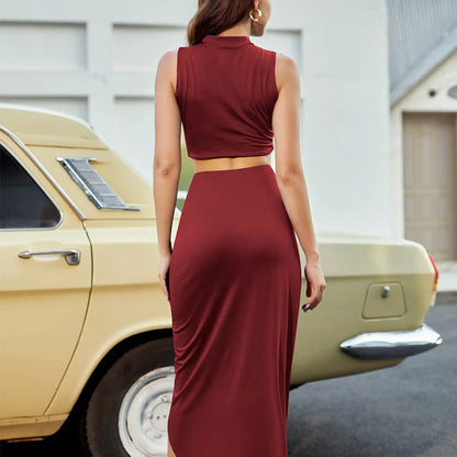 Sleeveless Crop Top & Draped High Slit Skirt Outfit