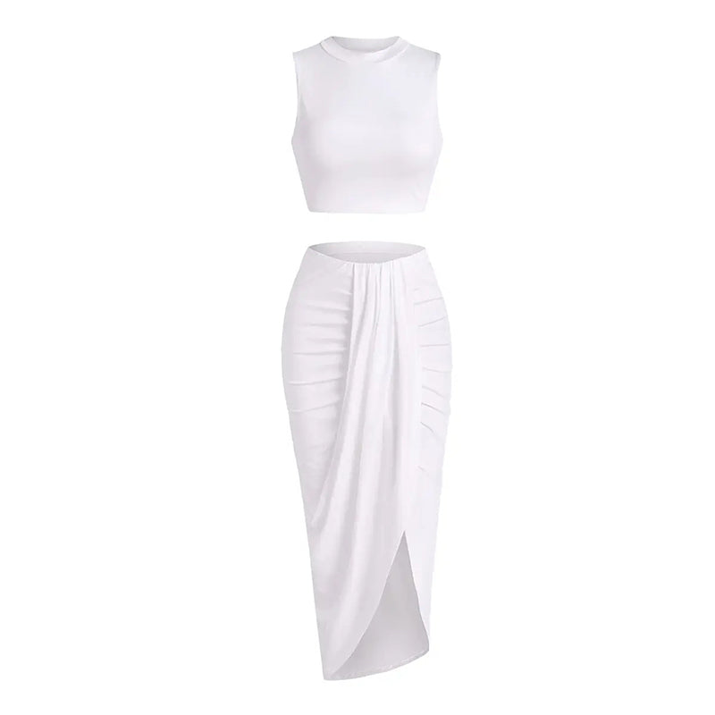 Sleeveless Crop Top & Draped High Slit Skirt Outfit