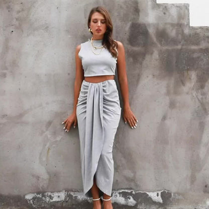 Sleeveless Crop Top & Draped High Slit Skirt Outfit