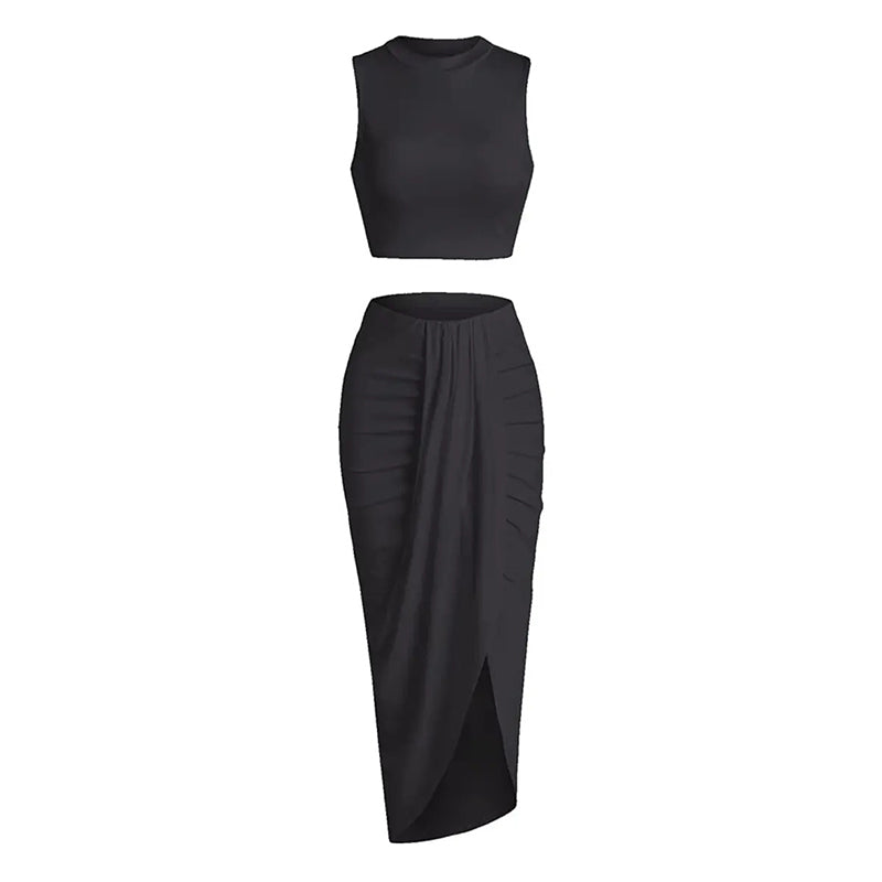 Sleeveless Crop Top & Draped High Slit Skirt Outfit