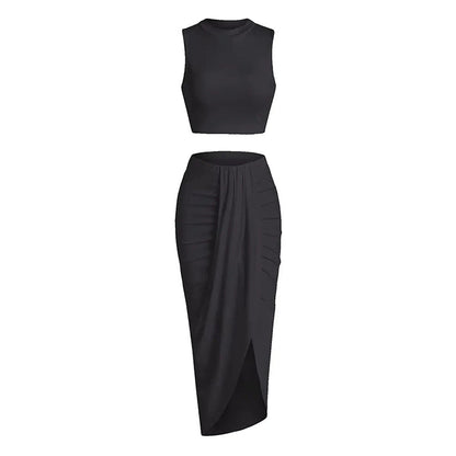 Sleeveless Crop Top & Draped High Slit Skirt Outfit