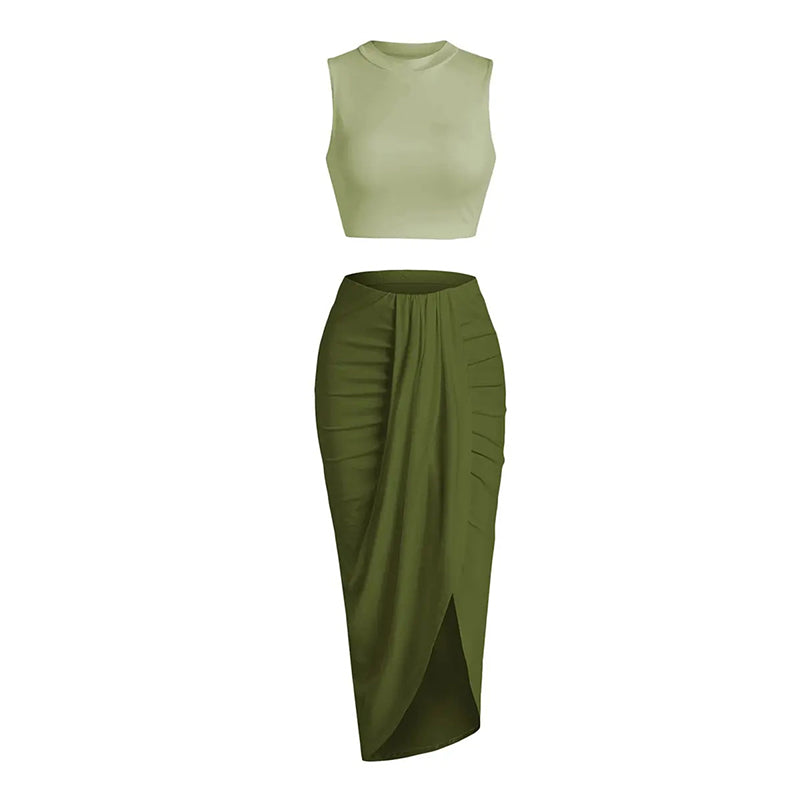 Sleeveless Crop Top & Draped High Slit Skirt Outfit