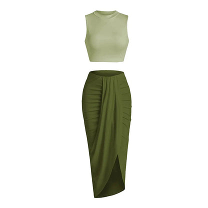 Sleeveless Crop Top & Draped High Slit Skirt Outfit