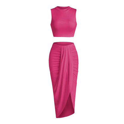 Sleeveless Crop Top & Draped High Slit Skirt Outfit