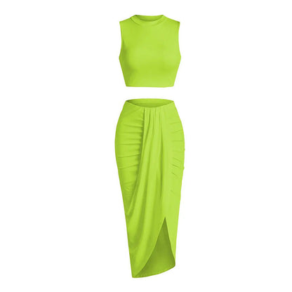 Sleeveless Crop Top & Draped High Slit Skirt Outfit
