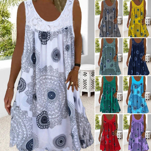 Women Summer O-Neck Sleeveless Print Dress