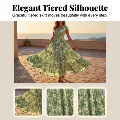 Women's V-Neck Floral Print Smocked Maxi Dress