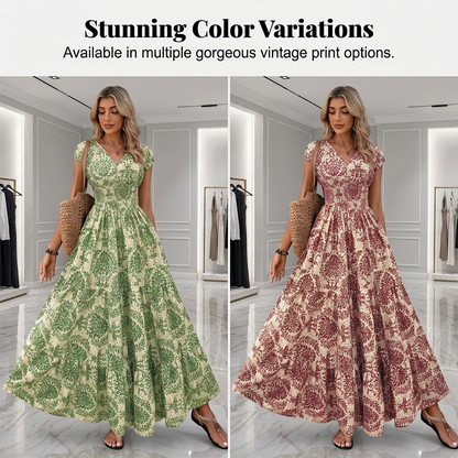 Women's V-Neck Floral Print Smocked Maxi Dress