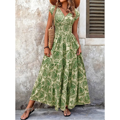 Women's V-Neck Floral Print Smocked Maxi Dress