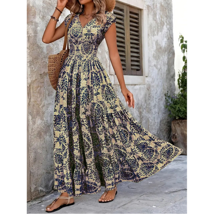 Women's V-Neck Floral Print Smocked Maxi Dress