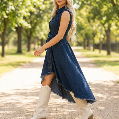 Sleeveless Denim Dress with High-Low Hem