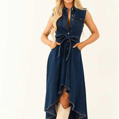 Sleeveless Denim Dress with High-Low Hem