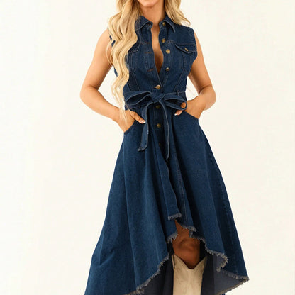 Sleeveless Denim Dress with High-Low Hem