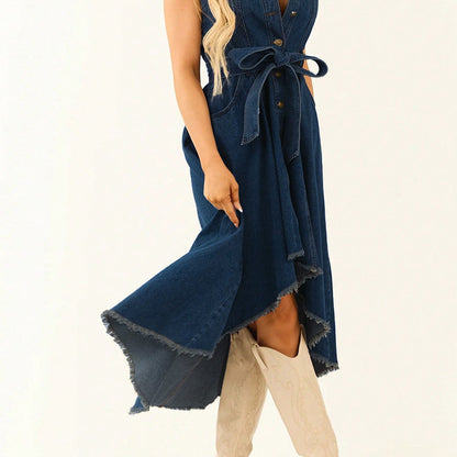 Sleeveless Denim Dress with High-Low Hem