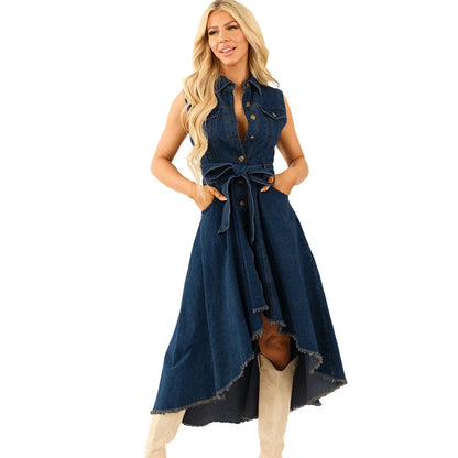 Sleeveless Denim Dress with High-Low Hem