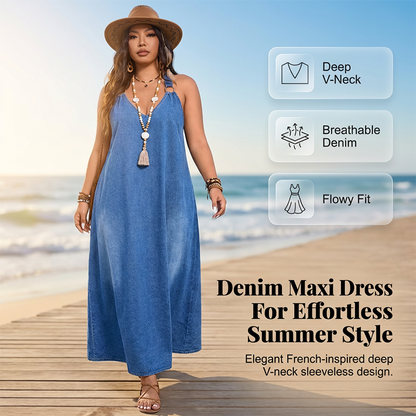 Casual Loose Fit V-Neck Denim Maxi Dress – Comfortable, Versatile & Perfect for Everyday Wear 🌸