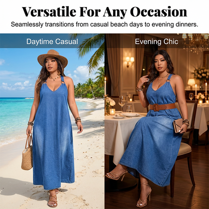 Casual Loose Fit V-Neck Denim Maxi Dress – Comfortable, Versatile & Perfect for Everyday Wear 🌸
