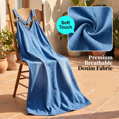 Casual Loose Fit V-Neck Denim Maxi Dress – Comfortable, Versatile & Perfect for Everyday Wear 🌸