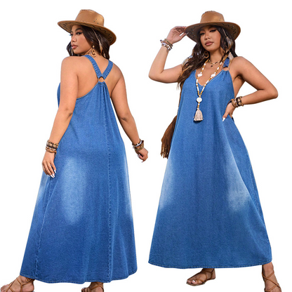 Casual Loose Fit V-Neck Denim Maxi Dress – Comfortable, Versatile & Perfect for Everyday Wear 🌸