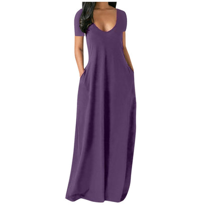 Women's Round Neck Short Sleeve Casual Soft Fabric Long Dress