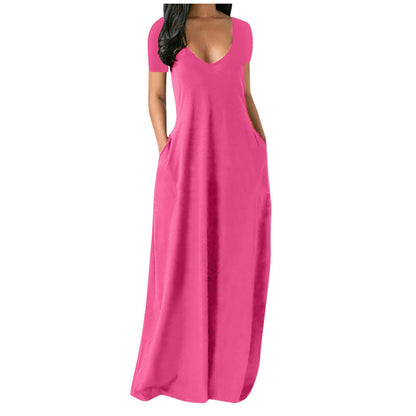 Women's Round Neck Short Sleeve Casual Soft Fabric Long Dress