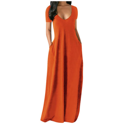 Women's Round Neck Short Sleeve Casual Soft Fabric Long Dress
