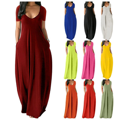 Women's Round Neck Short Sleeve Casual Soft Fabric Long Dress