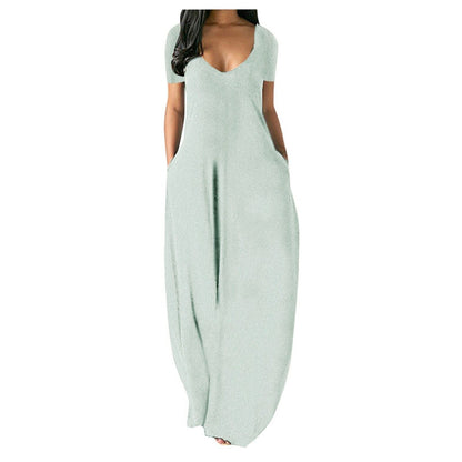 Women's Round Neck Short Sleeve Casual Soft Fabric Long Dress
