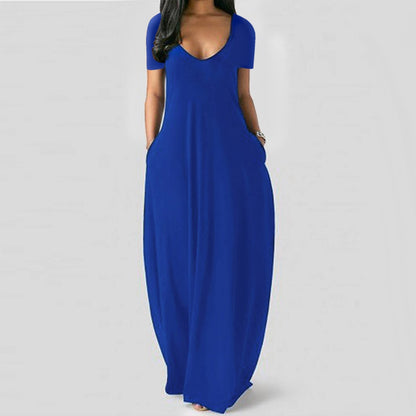 Women's Round Neck Short Sleeve Casual Soft Fabric Long Dress