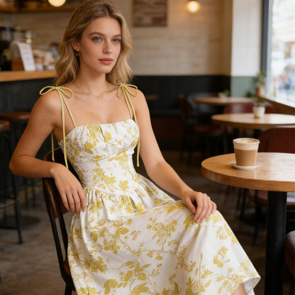 Women's Floral Print Tie-Strap Midi Dress
