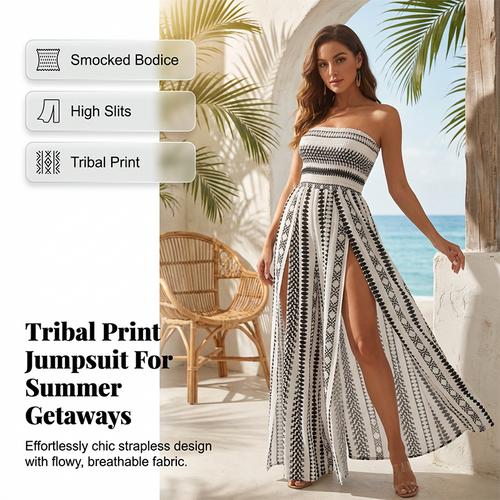Geometric Print Smocked Bodice Jumpsuit