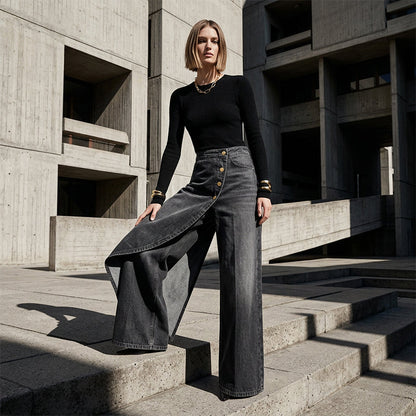 Asymmetrical Wrap Denim Skirt Pants