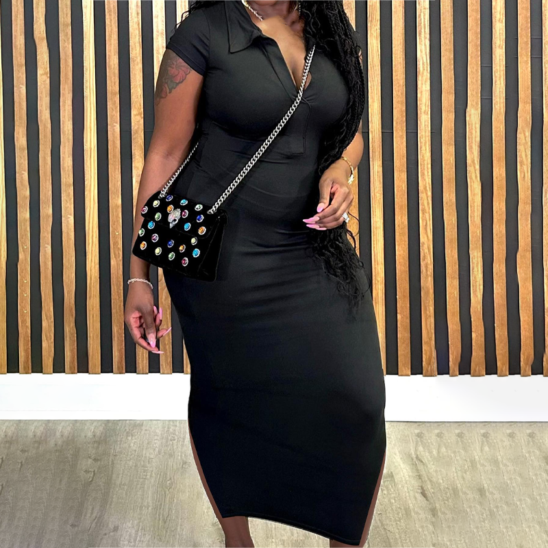 Women's Collared V-Neck Bodycon Midi Dress