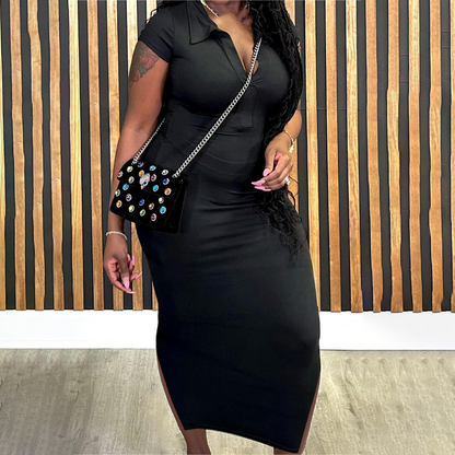 Women's Collared V-Neck Bodycon Midi Dress