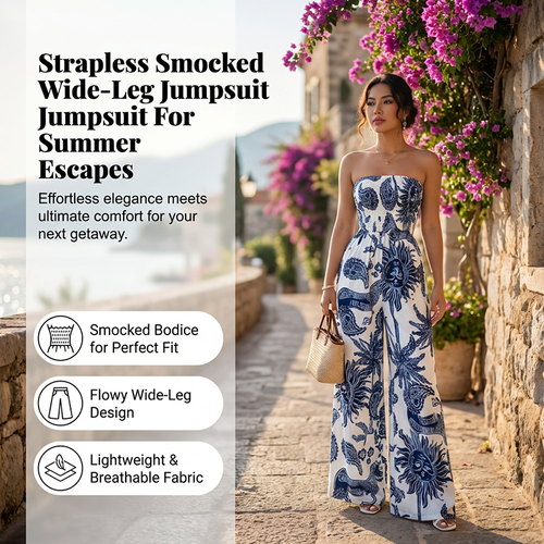👖 LIMITED-TIME 50% OFF! ✨ Strapless Wide-Leg Jumpsuit – Smocked Bodice, Flowy, Porcelain Print 🌺