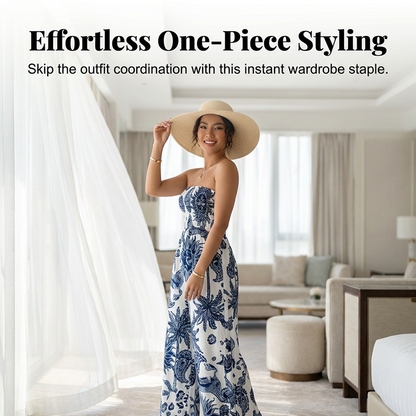 👖 LIMITED-TIME 50% OFF! ✨ Strapless Wide-Leg Jumpsuit – Smocked Bodice, Flowy, Porcelain Print 🌺