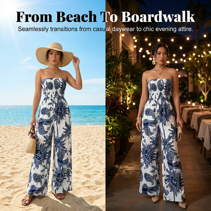 👖 LIMITED-TIME 50% OFF! ✨ Strapless Wide-Leg Jumpsuit – Smocked Bodice, Flowy, Porcelain Print 🌺