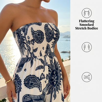 👖 LIMITED-TIME 50% OFF! ✨ Strapless Wide-Leg Jumpsuit – Smocked Bodice, Flowy, Porcelain Print 🌺