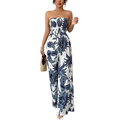 👖 LIMITED-TIME 50% OFF! ✨ Strapless Wide-Leg Jumpsuit – Smocked Bodice, Flowy, Porcelain Print 🌺