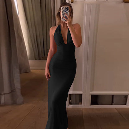 Elegant Halter Neck Ruched Maxi Dress