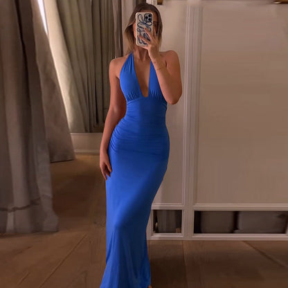 Elegant Halter Neck Ruched Maxi Dress