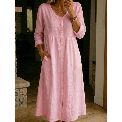 Women's Casual V-Neck Button-Down Linen Midi Dress