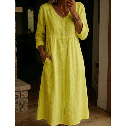 Women's Casual V-Neck Button-Down Linen Midi Dress