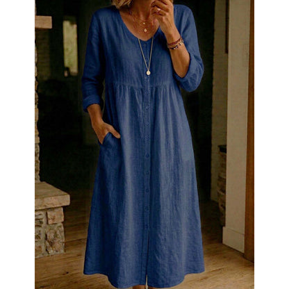 Women's Casual V-Neck Button-Down Linen Midi Dress
