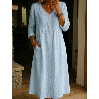 Women's Casual V-Neck Button-Down Linen Midi Dress