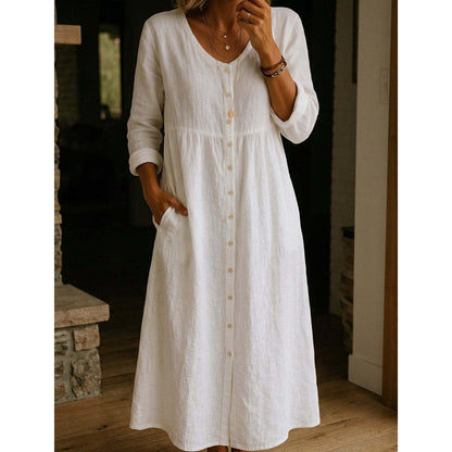 Women's Casual V-Neck Button-Down Linen Midi Dress