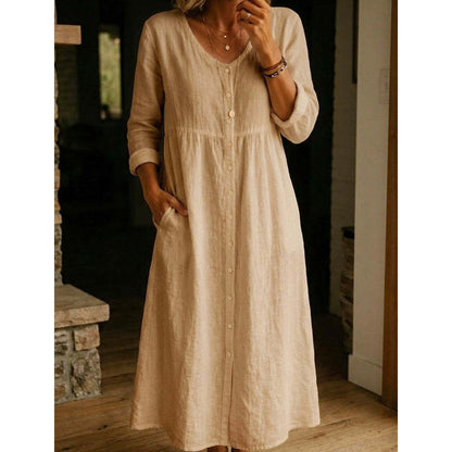 Women's Casual V-Neck Button-Down Linen Midi Dress