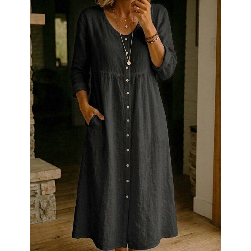 Women's Casual V-Neck Button-Down Linen Midi Dress