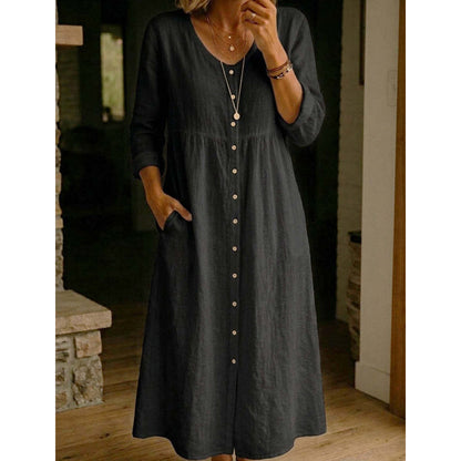 Women's Casual V-Neck Button-Down Linen Midi Dress